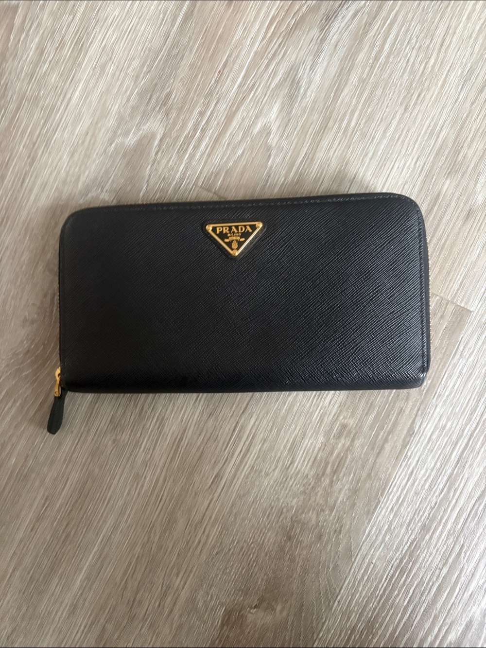 Prada Black Saffiano Leather Zip Wallet with Gold Logo